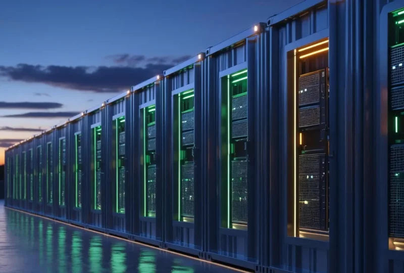 Row of modern data center servers inside container-like structures illuminated with green and orange LED lights at dusk.