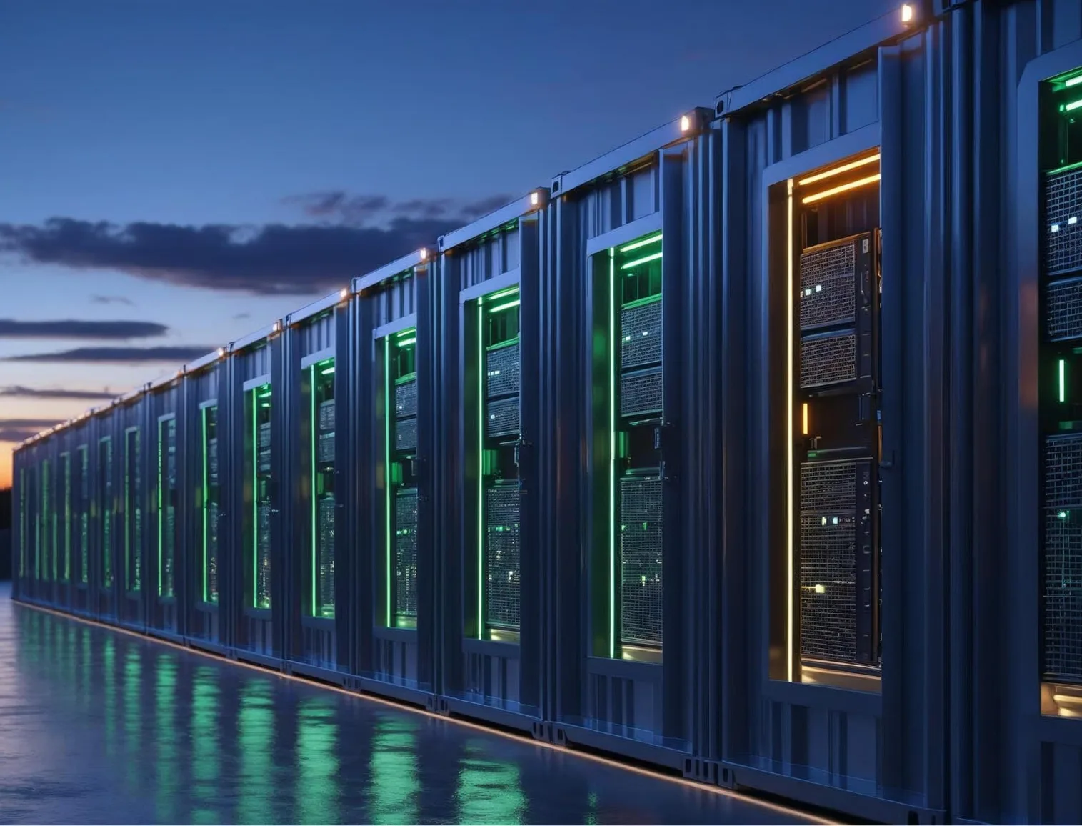 Row of modern data center servers inside container-like structures illuminated with green and orange LED lights at dusk.
