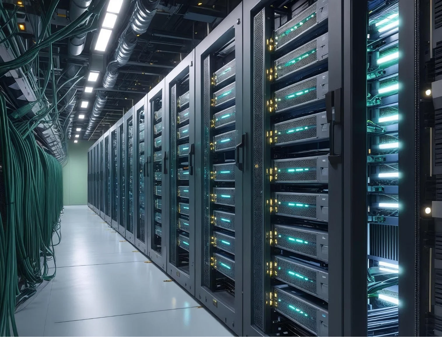 Graphic illustration showing server racks with connected cables, power outlets, and cooling unit in a modular data center infrastructure.