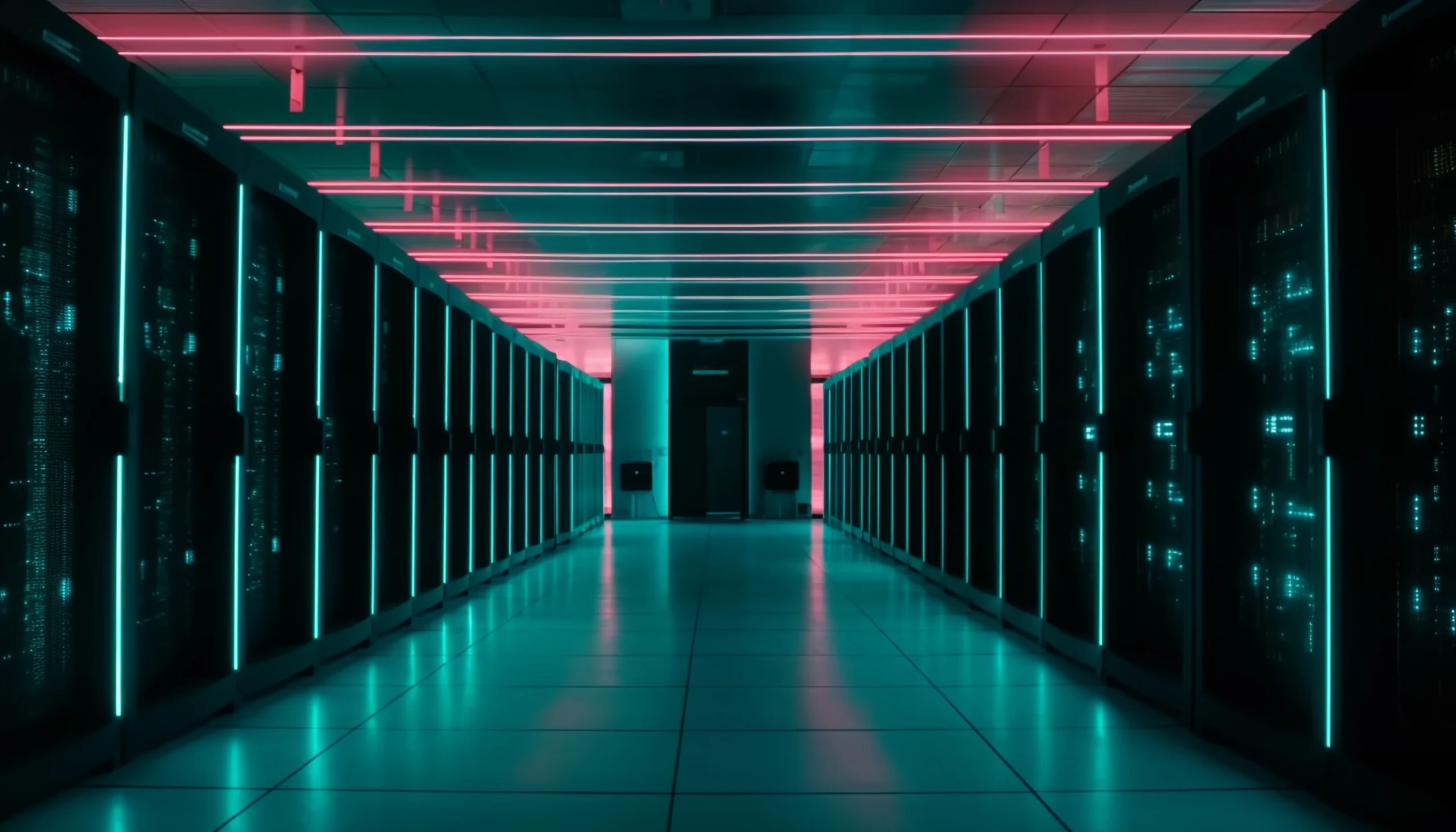 AI-generated futuristic security system, showing network servers connected with glowing data links, digital nodes, and a high-tech, cyber-security-themed environment.