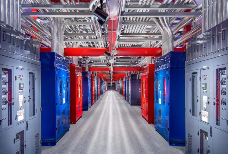 n data center electrical room: a long corridor flanked by rows of red and blue power cabinets, overhead cable trays and conduit piping, clean floor and bright lighting highlighting industrial infrastructure.