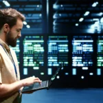 IT engineer working on laptop in a modern data center with servers in background