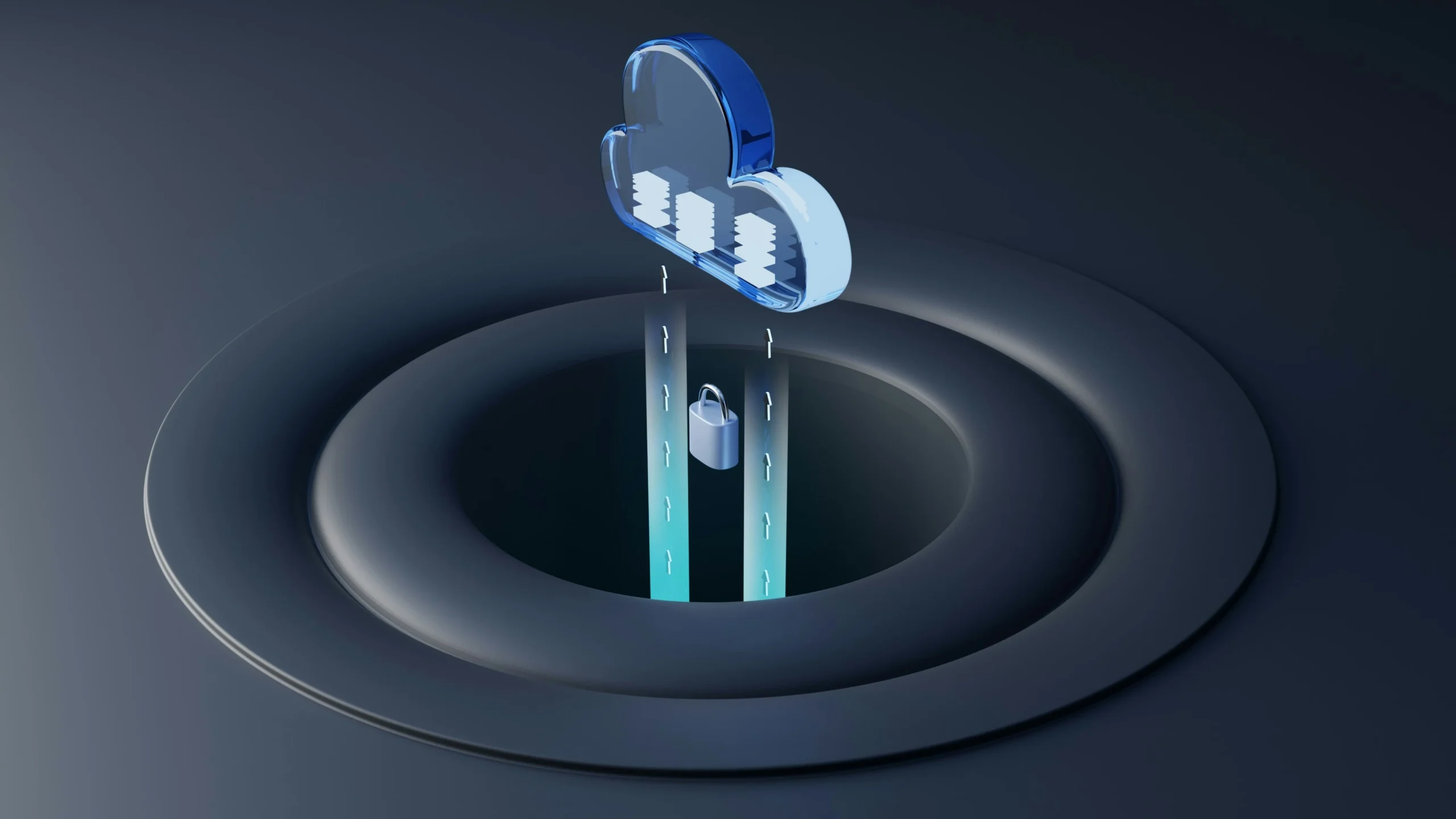 A 3D illustration of a translucent blue cloud icon floating above a dark circular hole with glowing blue gradients.