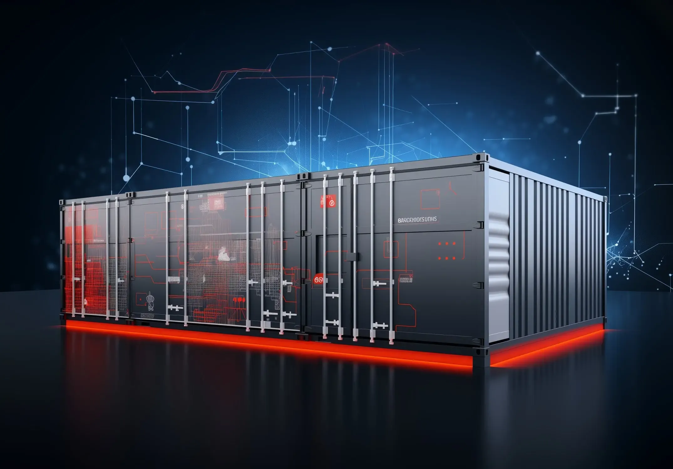 A high-tech, black shipping container with a sleek, modern design, set against a dark, digital background with glowing blue network lines and nodes.
