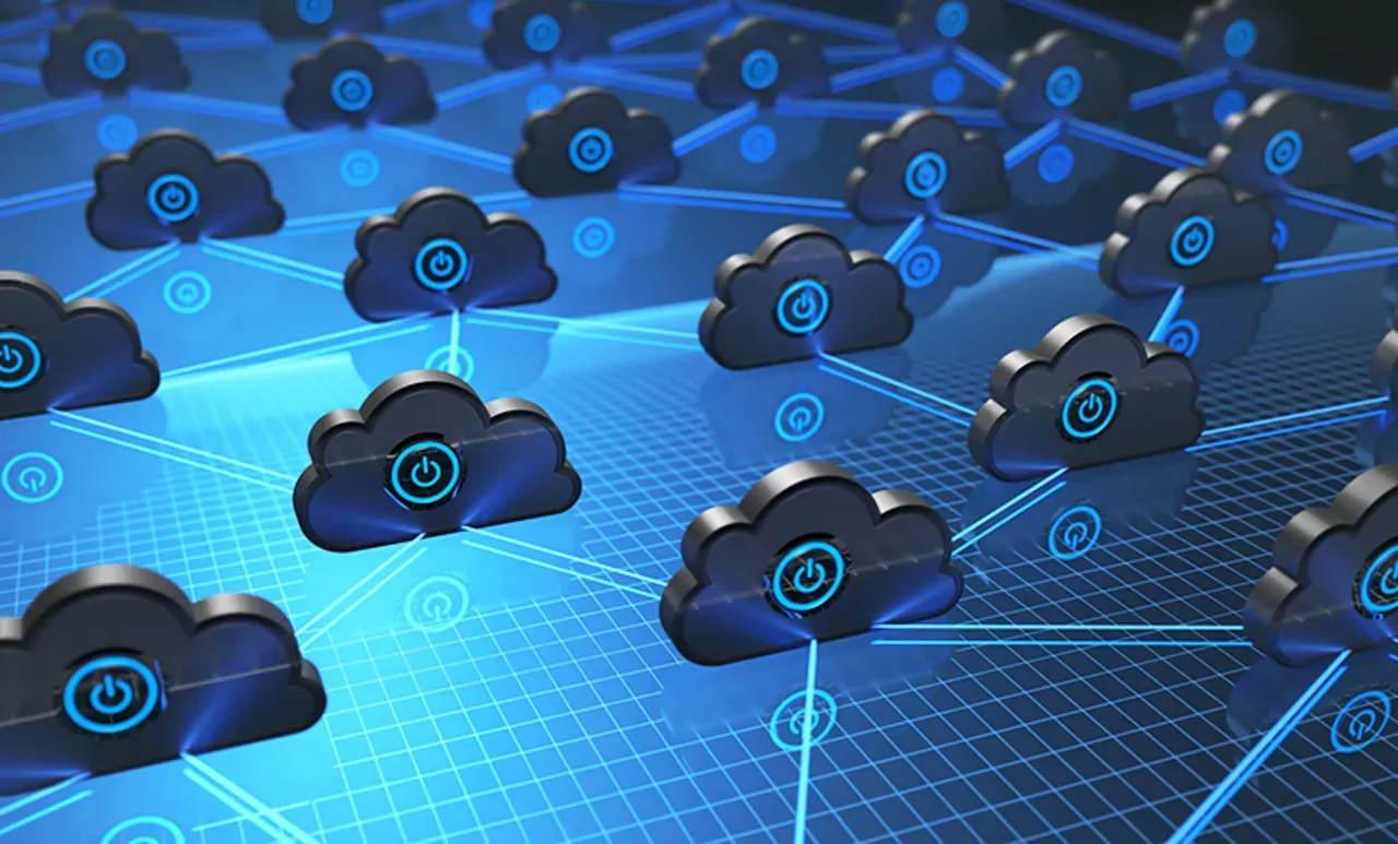 A digital illustration of multiple black cloud icons with glowing blue power symbols inside them, interconnected by blue lines forming a network over a blue grid background.