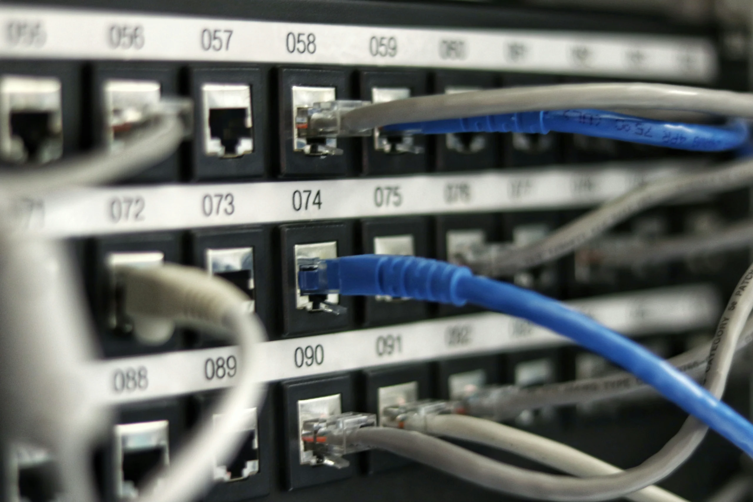 Close-up view of a network patch panel with several Ethernet cables plugged into numbered ports, including blue, gray, and white cables.
