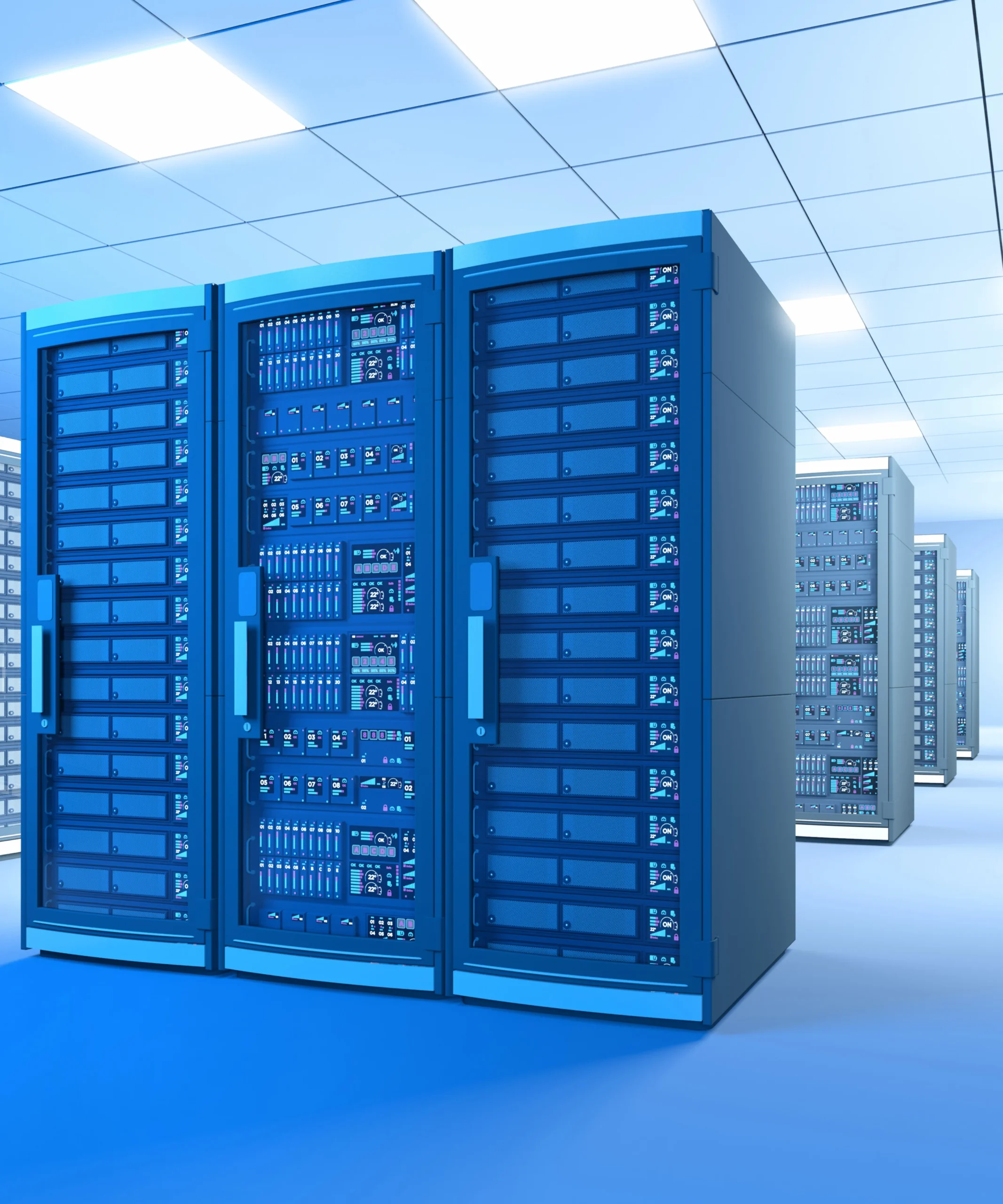 Modern data center interior with rows of blue server racks and bright overhead lighting, showcasing network equipment and cooling systems in a clean, high-tech environment.