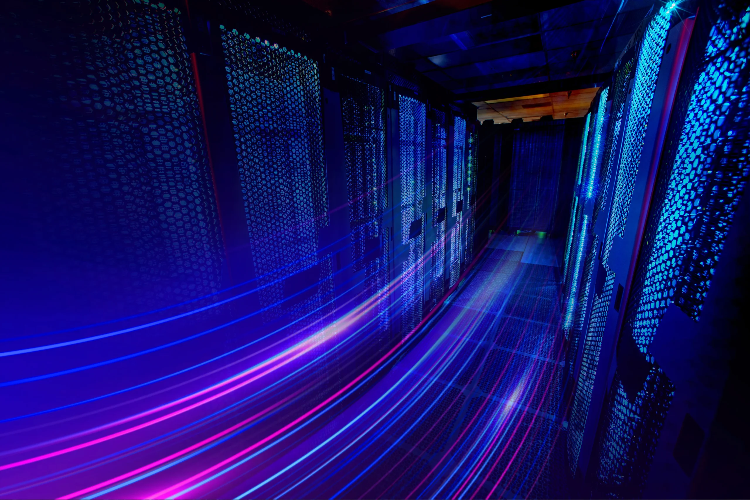 Stylized digital cloud-storage illustration: light blue and white cloud icons connected by faint circuit-style lines and nodes on a gradient blue background, evoking networked data in the cloud.