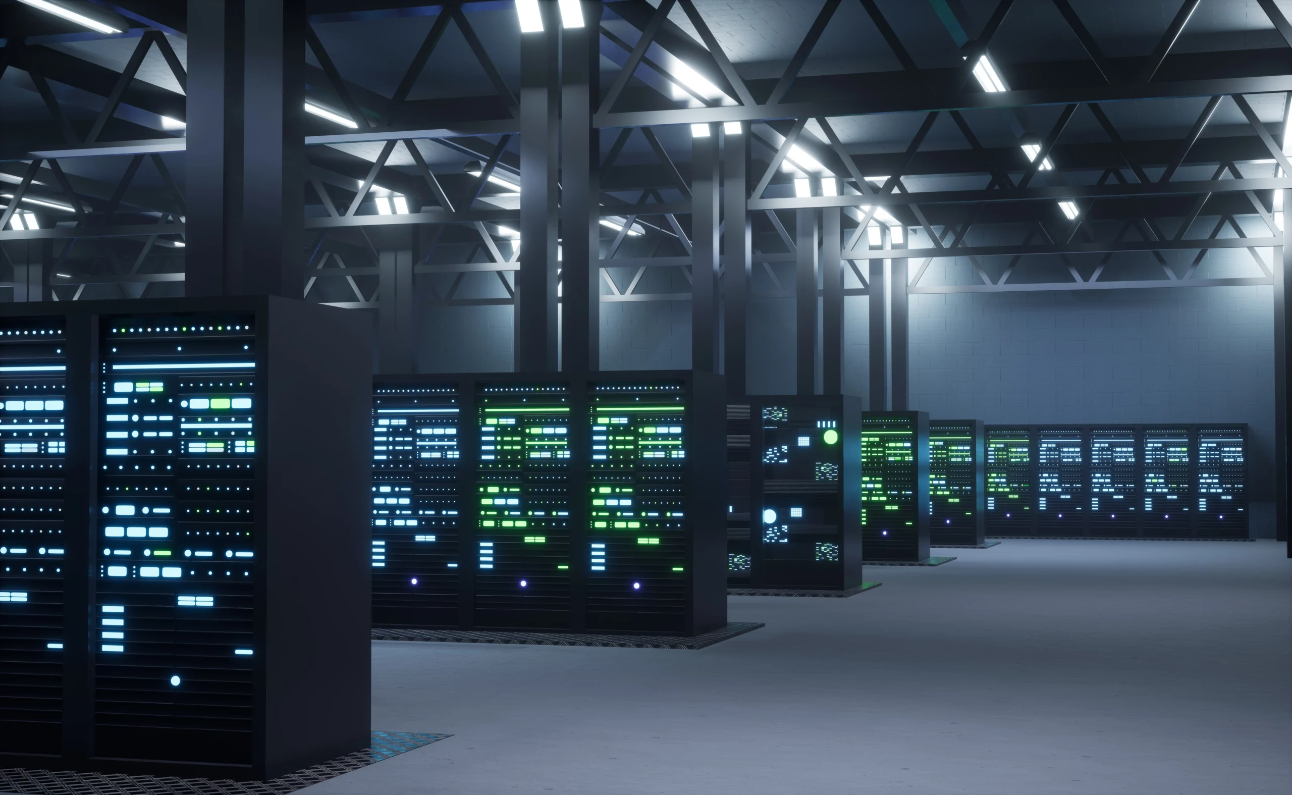 Modern data center interior with rows of black server racks illuminated by blue and green LED lights, under a high ceiling with industrial metal beams and bright overhead lighting.