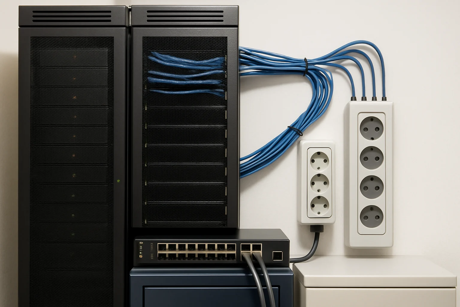 Two black server racks connected with neatly organized blue network cables and multiple power outlets mounted on a wall.