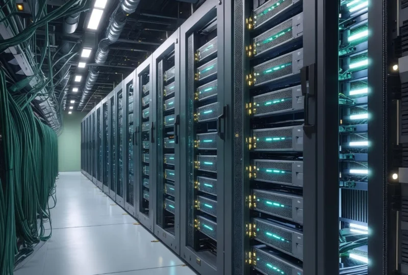 Graphic illustration showing server racks with connected cables, power outlets, and cooling unit in a modular data center infrastructure.